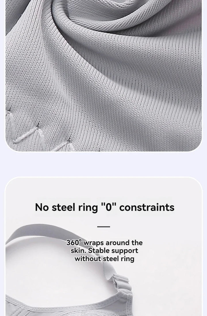 Gray ribbed fabric with text about no steel ring constraints and stable support.