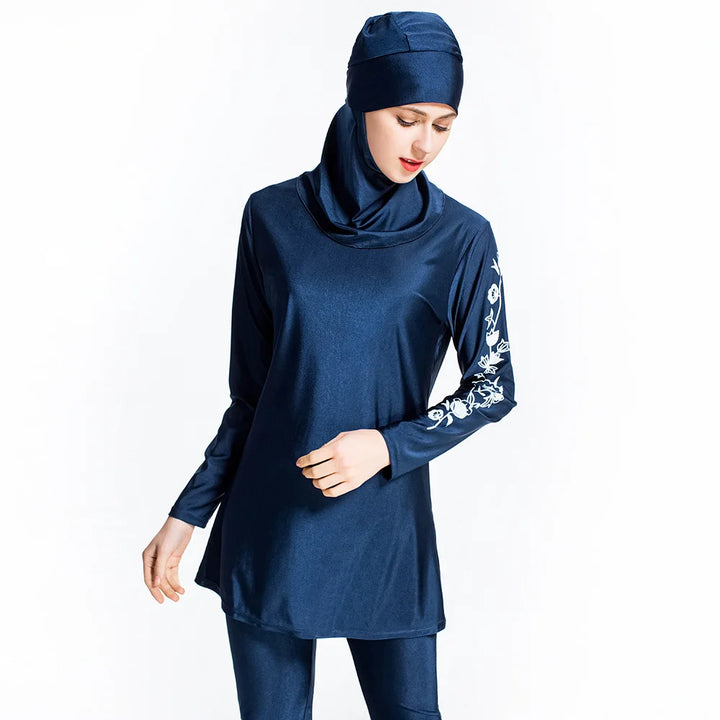 arm embroidery navy blue burkini modest swimwear