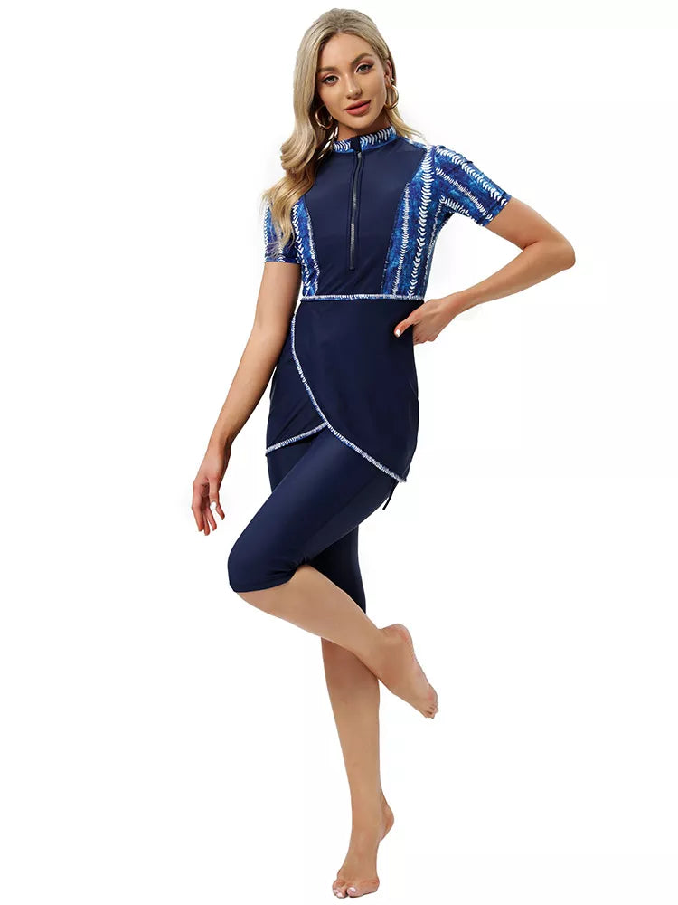 model wearing Crop Short Modest Burkini Swimwear Navy Blue-Side Strips