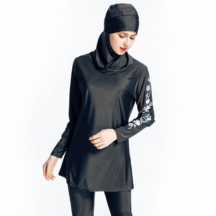 black burkini modest swimwear with embroidery arm