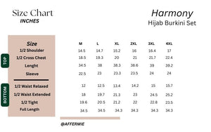 Harmony Hijab Burkini Set size chart