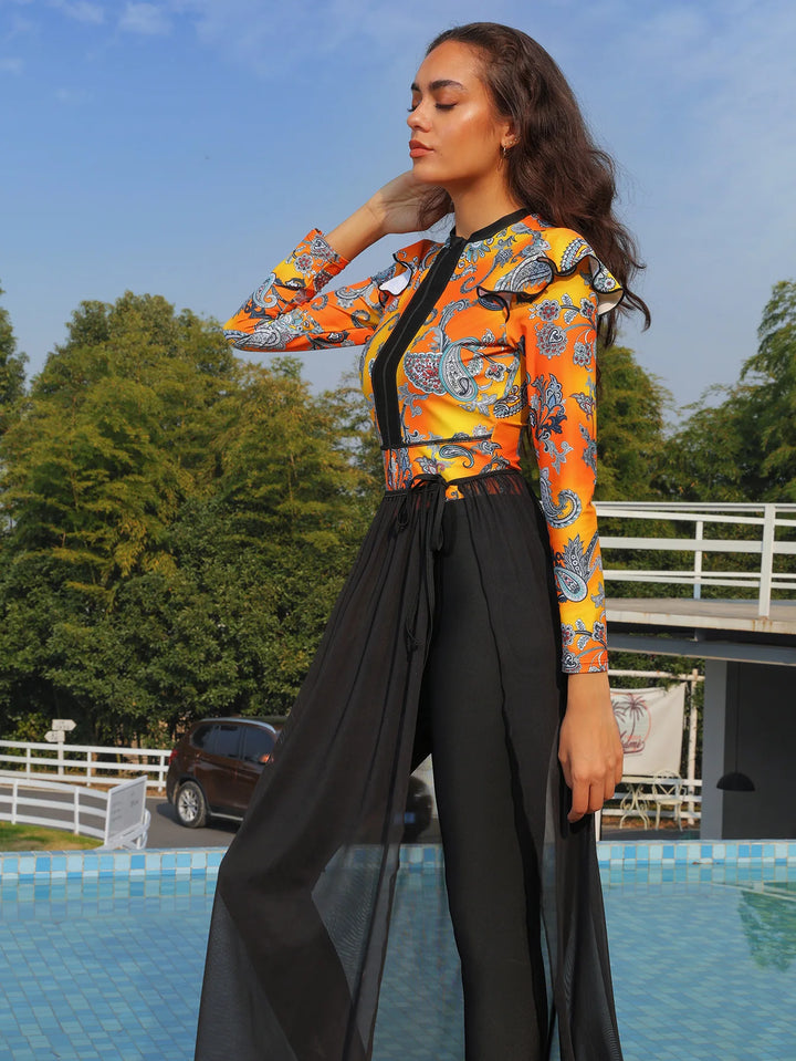 High-angle view of folded 3-piece Muslim swimwear set on neutral background