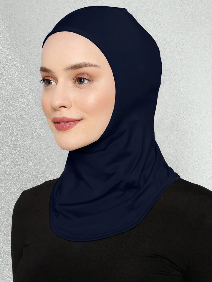 Hijab cap with UV protection label displayed beside activewear