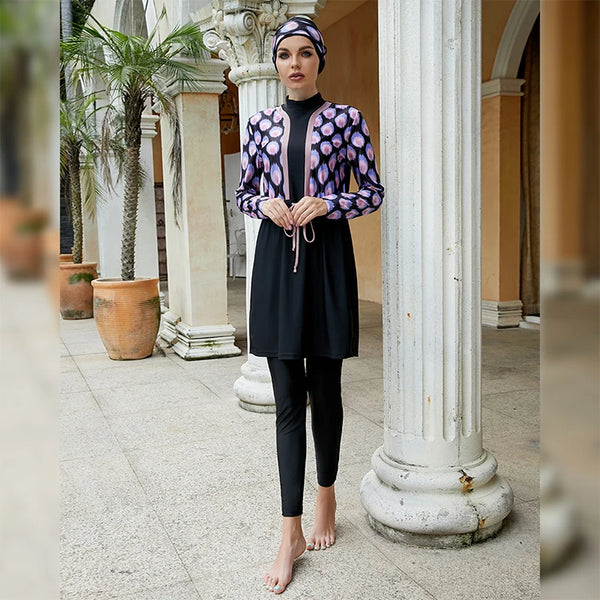 LunaCharm Modest & Cute Swimwear full 3-piece set purple print burkini