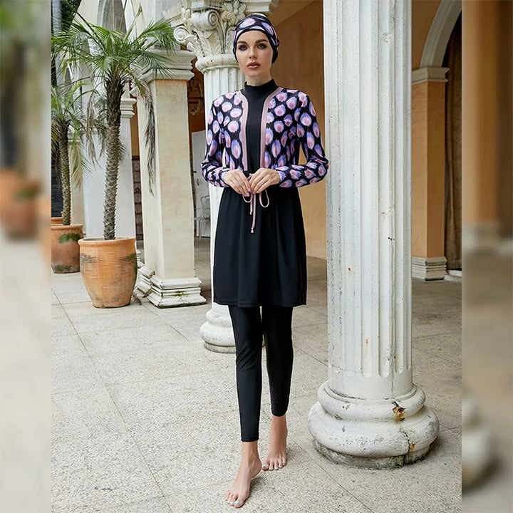 LunaCharm Modest & Cute Swimwear full 3-piece set purple print burkini