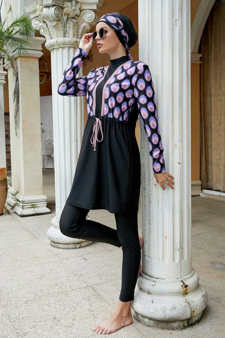 LunaCharm modest and cute swimwear set in purple print for Muslim women