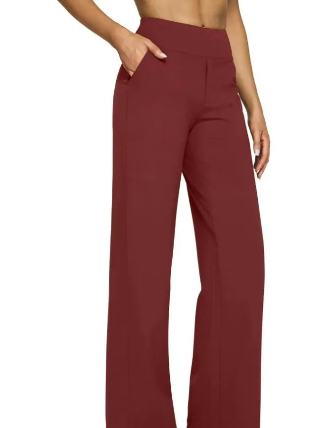 Maroon wide-leg pants worn by a person on a white background
