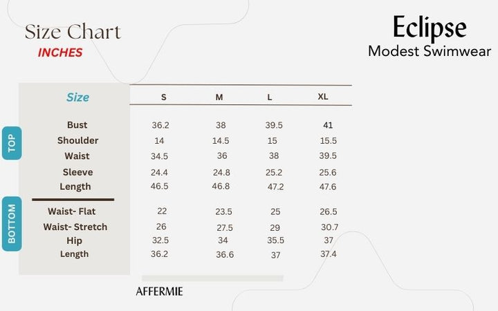 Modest Swimwear Full Coverage size chart