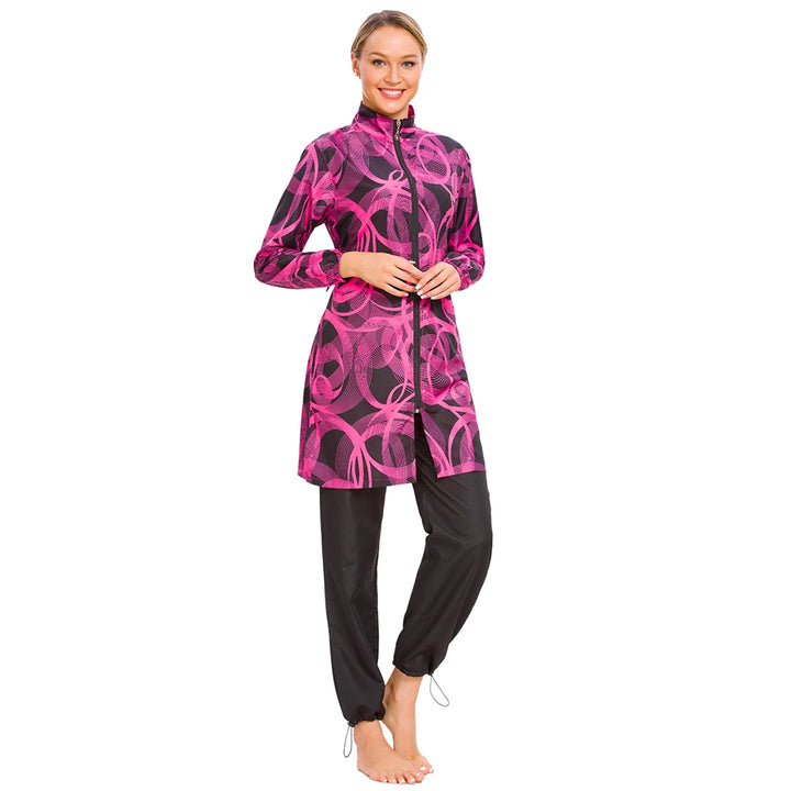 Modest beach swimwear tunic with digital print and leggings