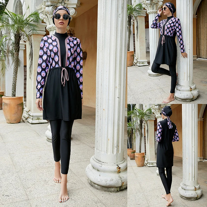 Modest swimwear with pink and purple circular chest design