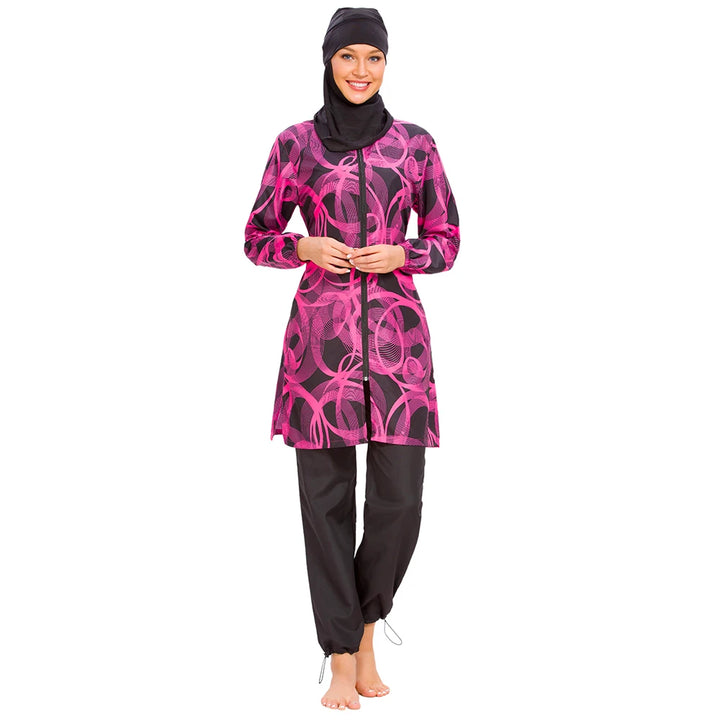 Muslim women's modest beach swimwear with swim cap