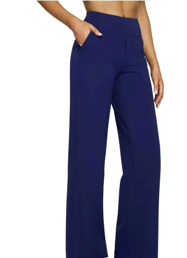Navy blue wide-leg pants worn by a person on a white background