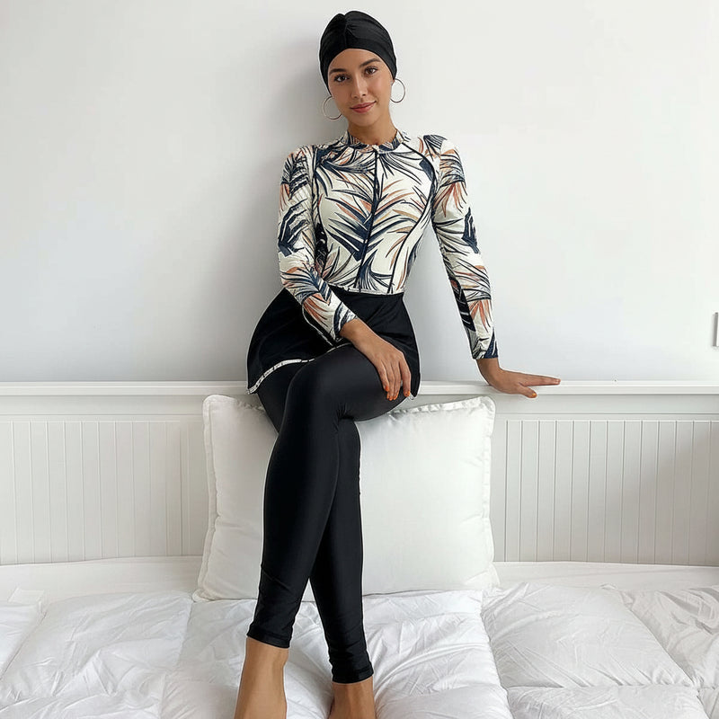 Oasis Leaf burkini 3-piece modest swimwear set front view