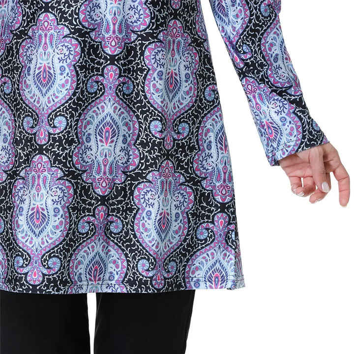 Patterned long-sleeve top with a focus on the design and fabric texture.
