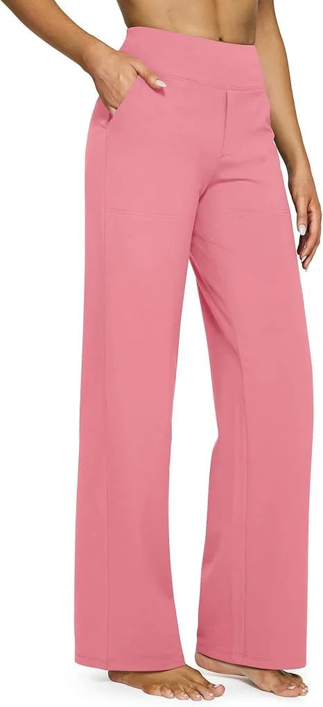 Pink wide-leg pants worn by a person on a white background