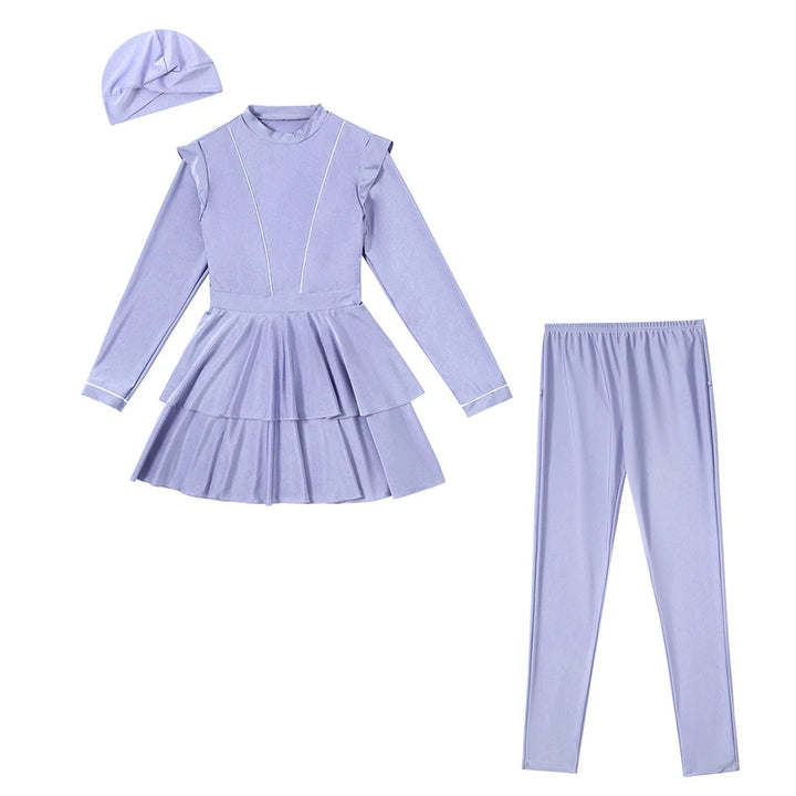 Product display of modest burkini set with V-neck top and mini ruffle skirt in navy blue