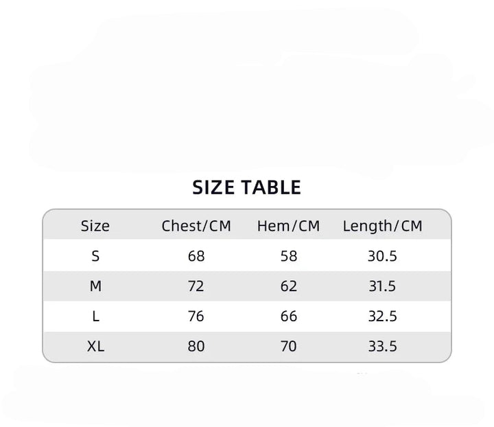 Product information card with size chart and fabric details for sports bra