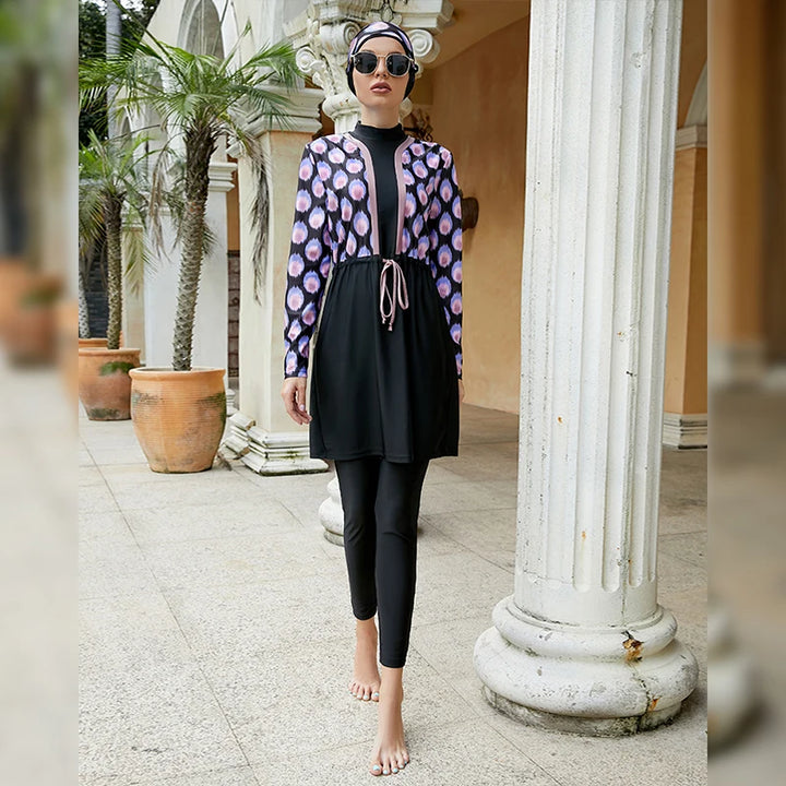 Purple print modest swimwear with black leggings