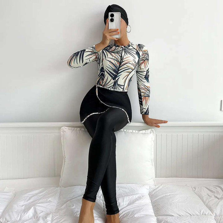 2023 New Burkini Muslim Swimwear Printed Three-Piece Swimsuit Women Long Sleeve Trousers Padded Islamic Beachwear Bathing Suit