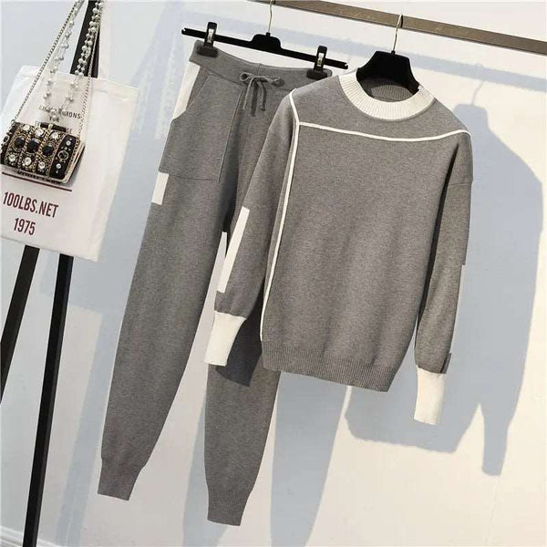 Knitted Autumn Ready Tracksuit Activewear-2pcs Gray