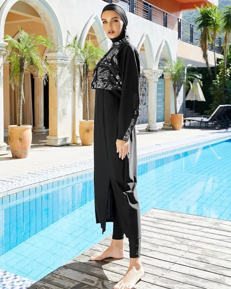 muslim girl wearing black long cover modest swimwear