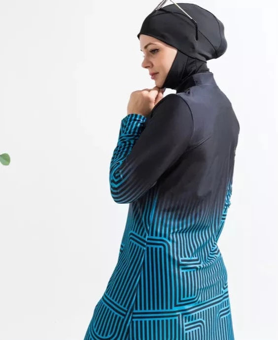 black burkini with blue design Modest Swimming Available in Plus Size 