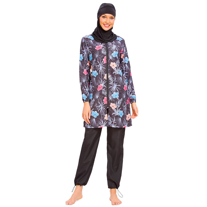 Side view of loose-fit modest appareal swimwear with flowing tunic