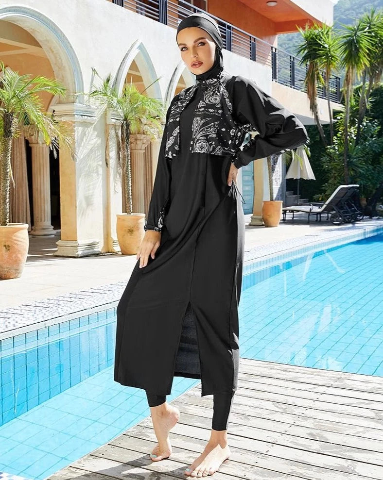 muslim girl by the pool wearing modest swimwear