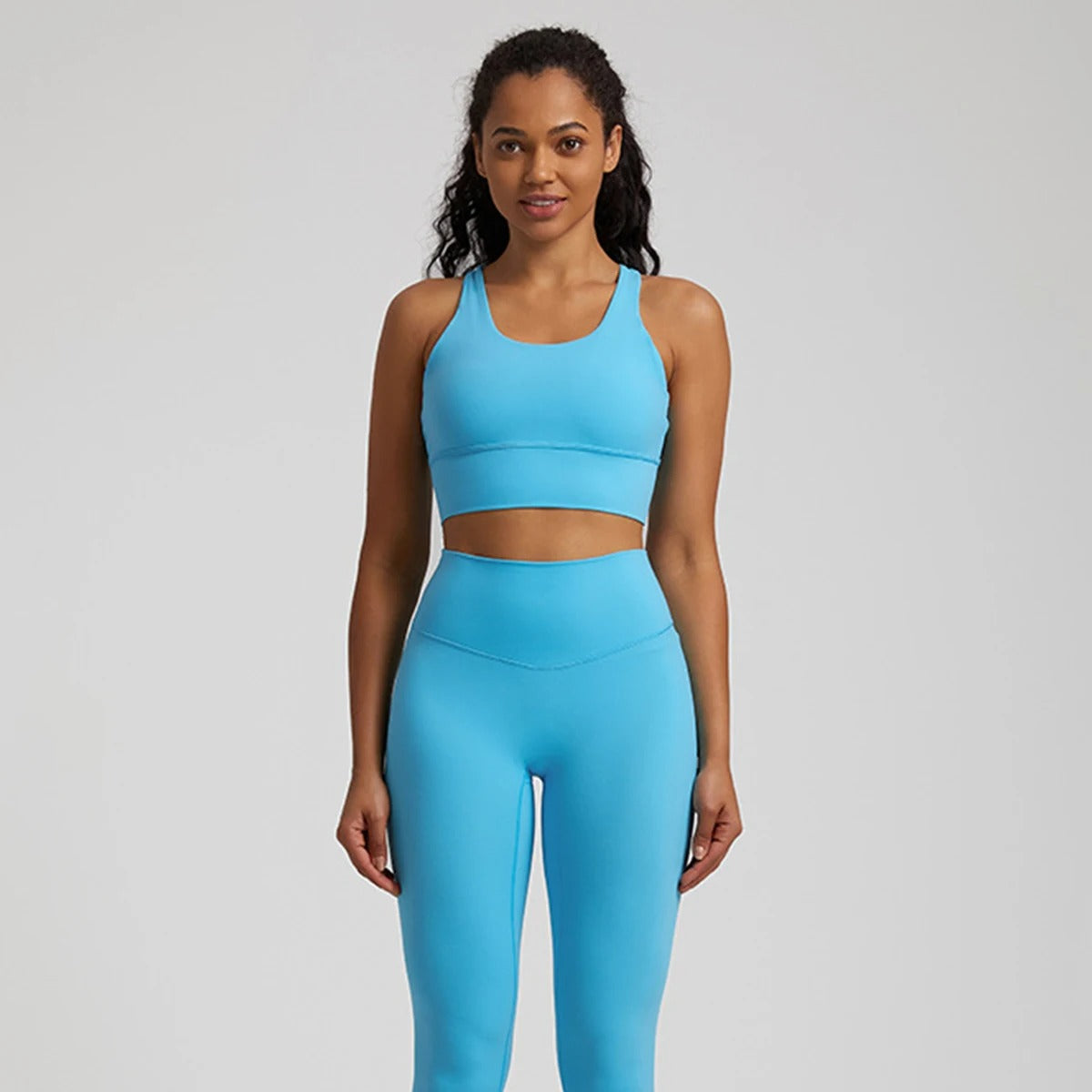 light blue sports bra and leggings set