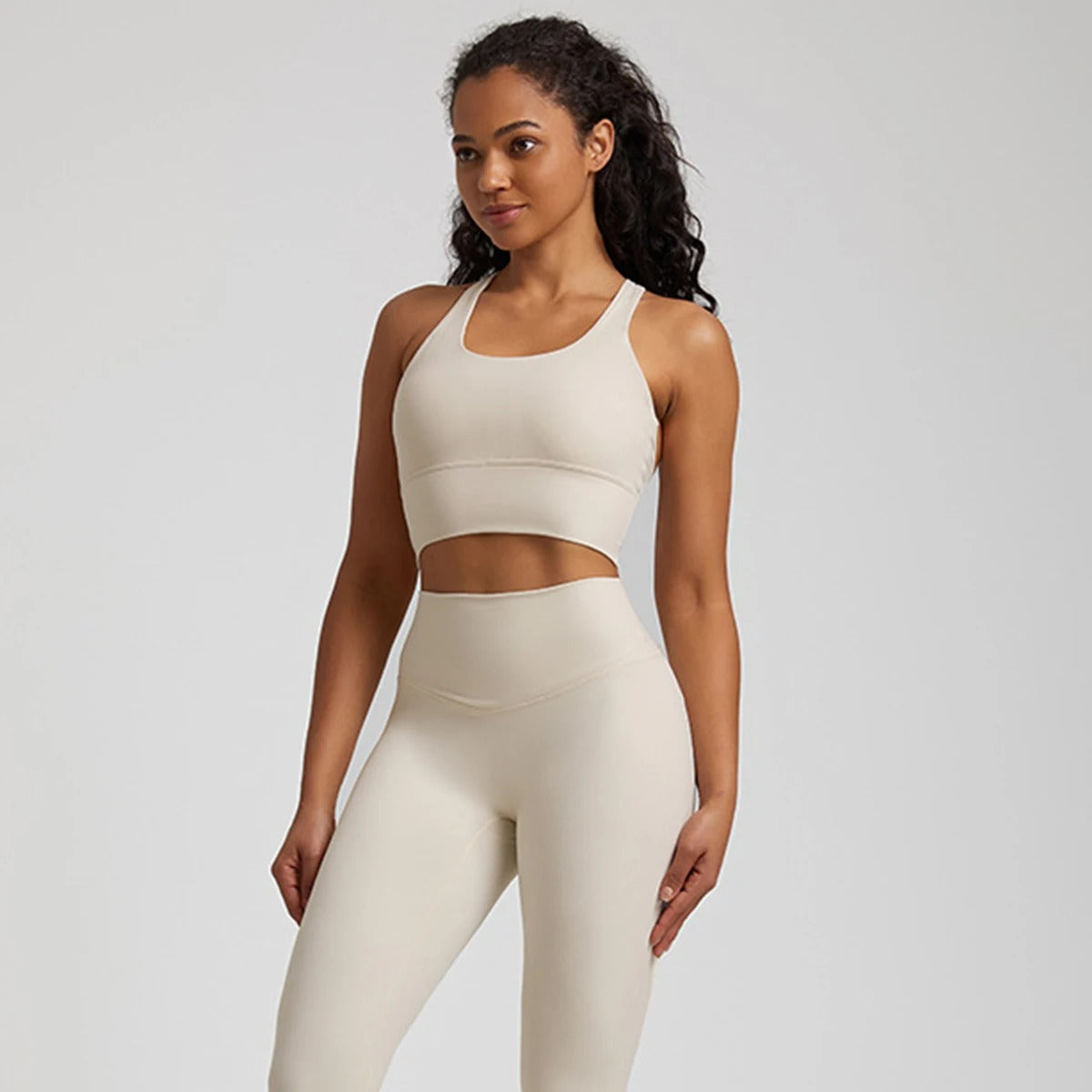 white sports bra and leggings set