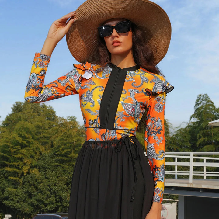 Muslim woman wearing paisley print 3PCS modest swimwear with sheer skirt