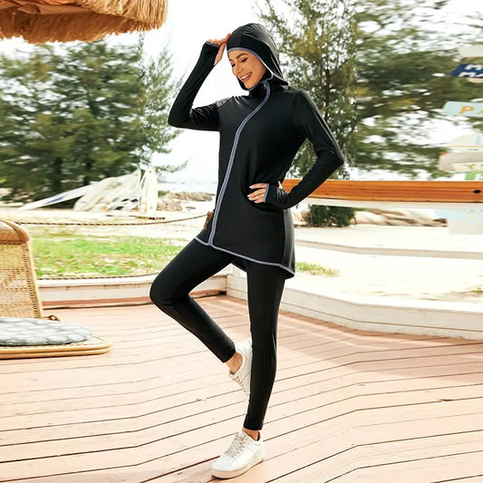 Zippered Elegance: Black Modest Gym Clothing Set