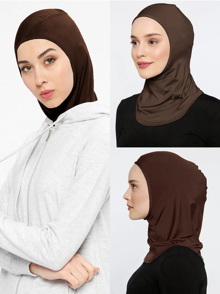 Flat lay of polyester knitted hijab bonnet in sporty style