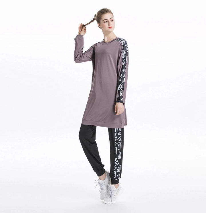 Jogging Modest Sportswear Set purple top with black pants