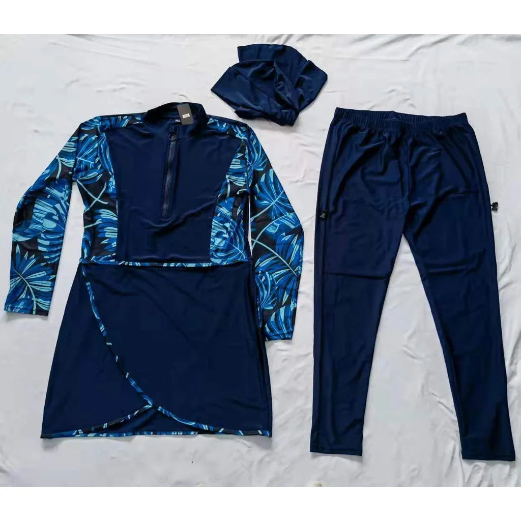 Nautical Chic 3PCS Navy Blue Modest Swimming Suit Set Dark Blue