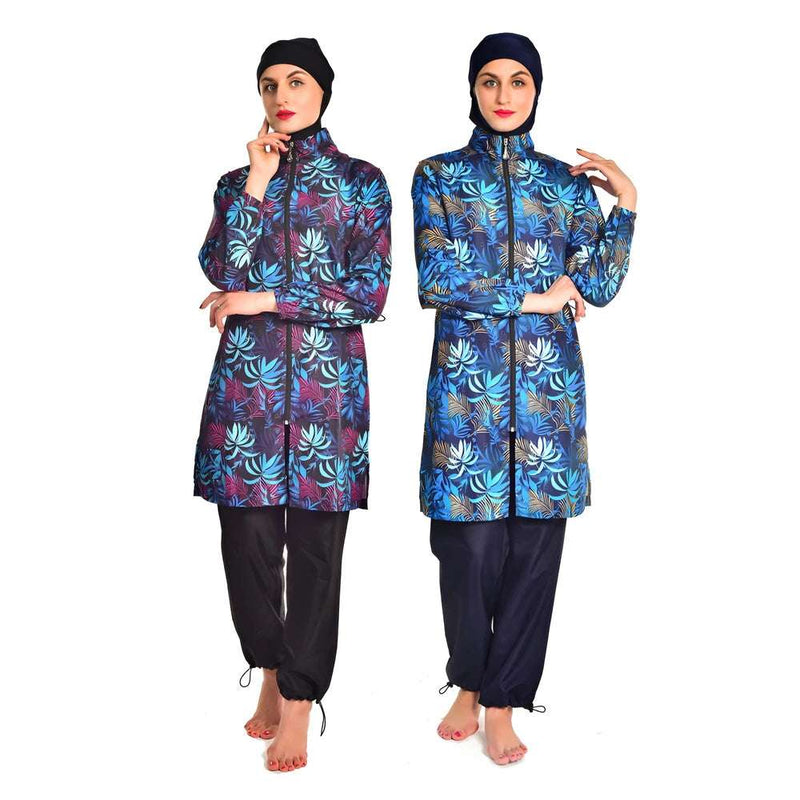 Serene Palm full coverage burkini in navy tropical print