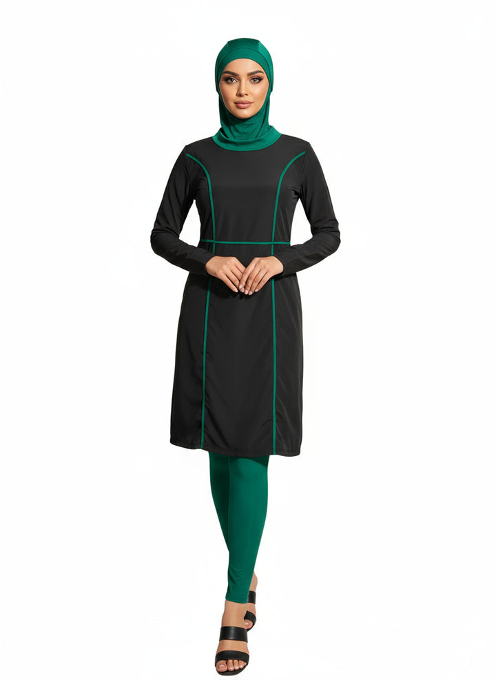 Side view of Islamic swimsuit showing green center line and slim-fit leggings