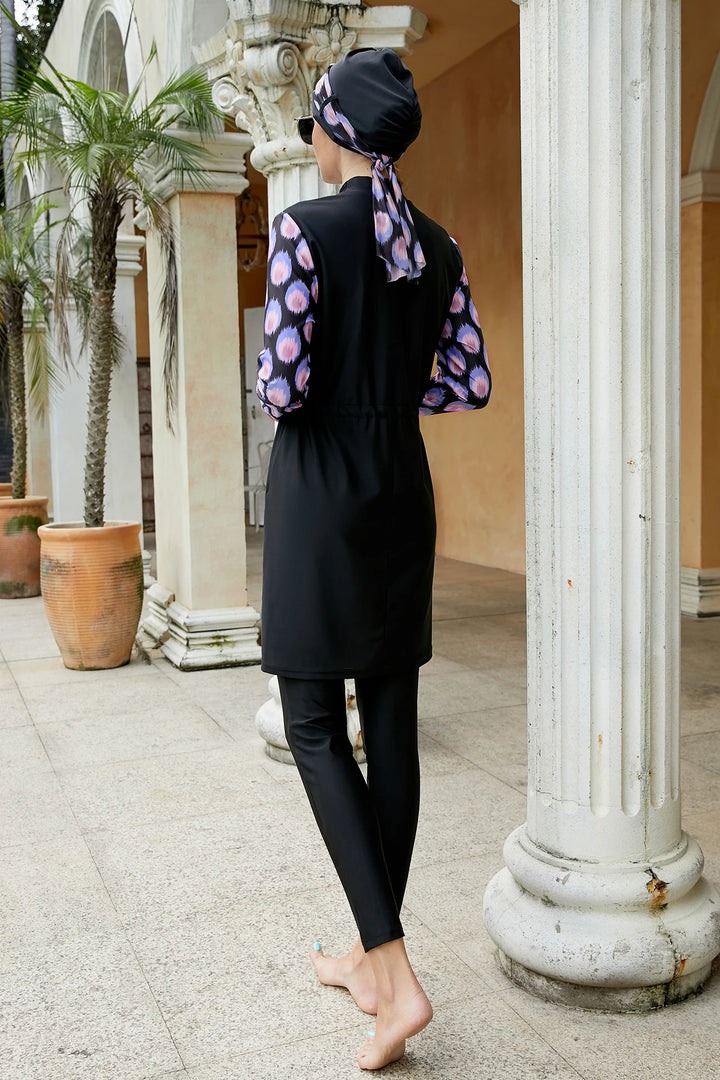 Side view of conservative modest swimwear with black leggings and matching scarf
