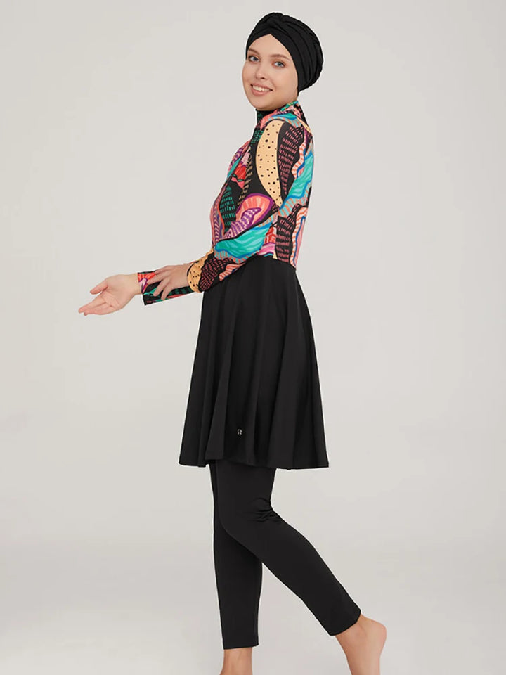 Side view of half covered swimsuit showing long sleeves and side-tie detail