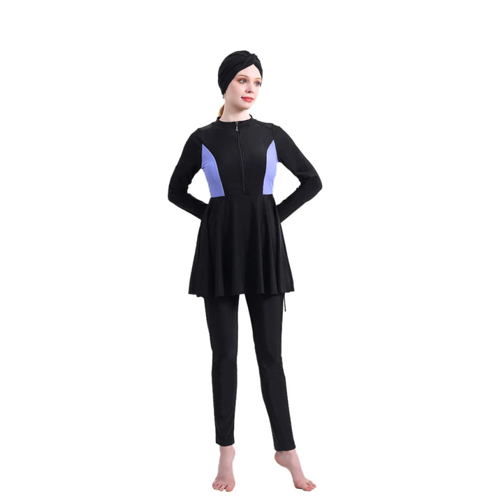 Side view of modest burkini showing subtle purple detailing near chest