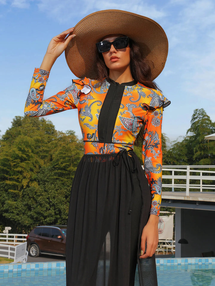 Side view of swim pants with lightweight sheer skirt overlay