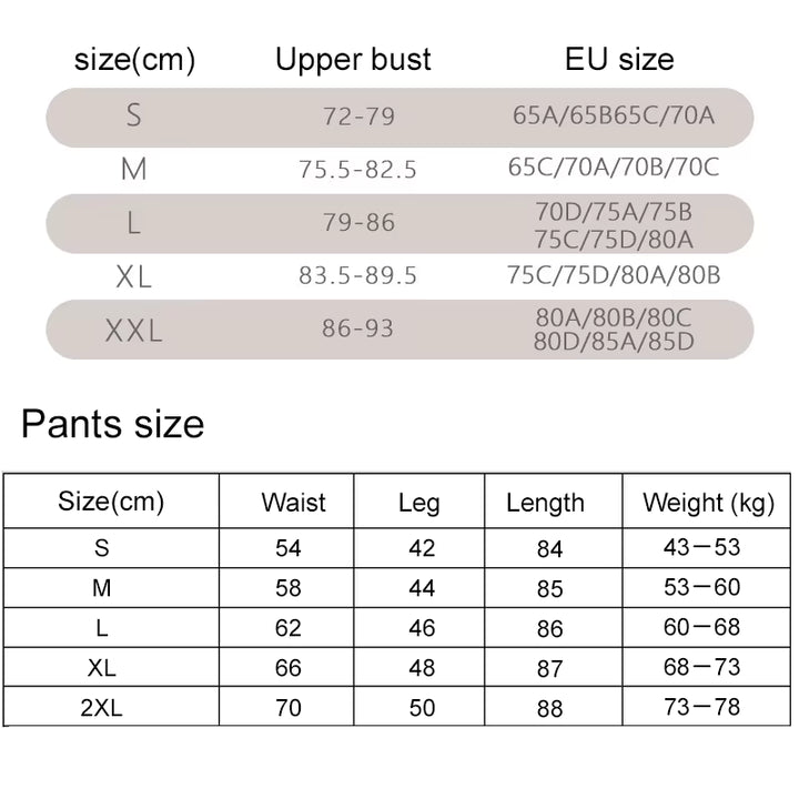 Size chart for clothing with measurements in centimeters and EU sizes for yoga sets