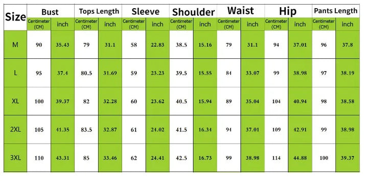 Size chart with measurements in centimeters and inches for clothing dimensions.