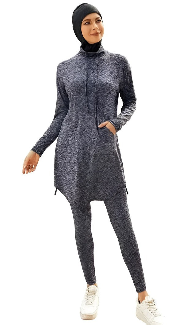 SlateForm modest activewear set in heather slate