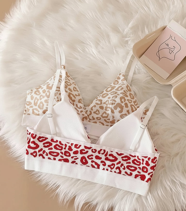 Soft molded cup detail of wireless leopard bra