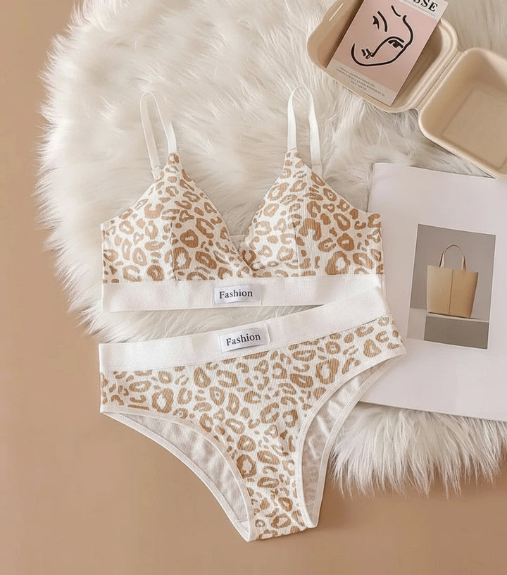 Soft stretch nylon leopard bra and panty set on display