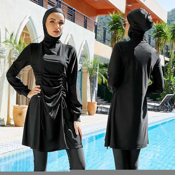 Stylish black burkini for Muslim women.