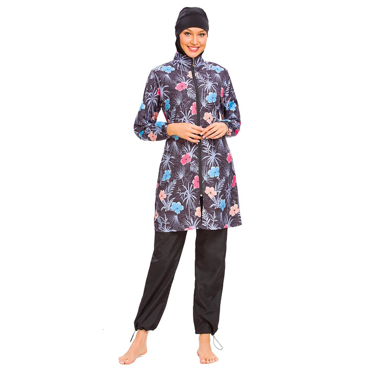 Stylish modest appareal swimwear set with floral digital patterns and long sleeves