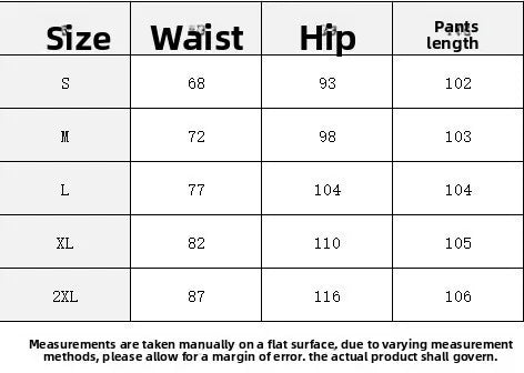 Table showing waist, hip, and pants length measurements for different sizes.