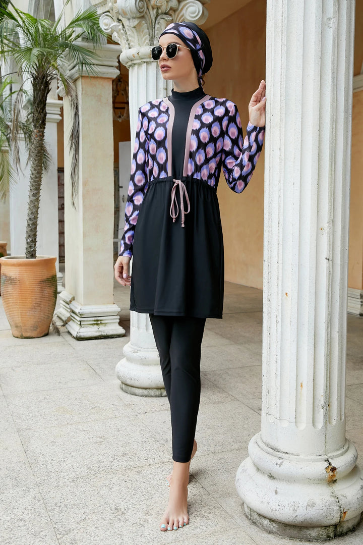 Three-piece burkini with black tunic and pink-purple circle chest design